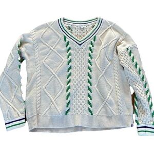 Kule Men’s V-neck Pullover Sweater Cotton/Wool White, Ribbed Knit Accents Size L
